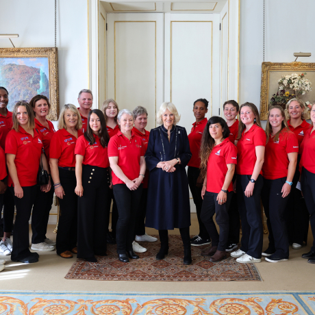 Queen Camilla with crew members as she hosts a reception for the 'Maiden' yachting crew, at Clarence House in London, to congratulate them on their unprecedented win of the Ocean Globe Race and becoming the first ever all-female crew to win an around-the-world yacht race.